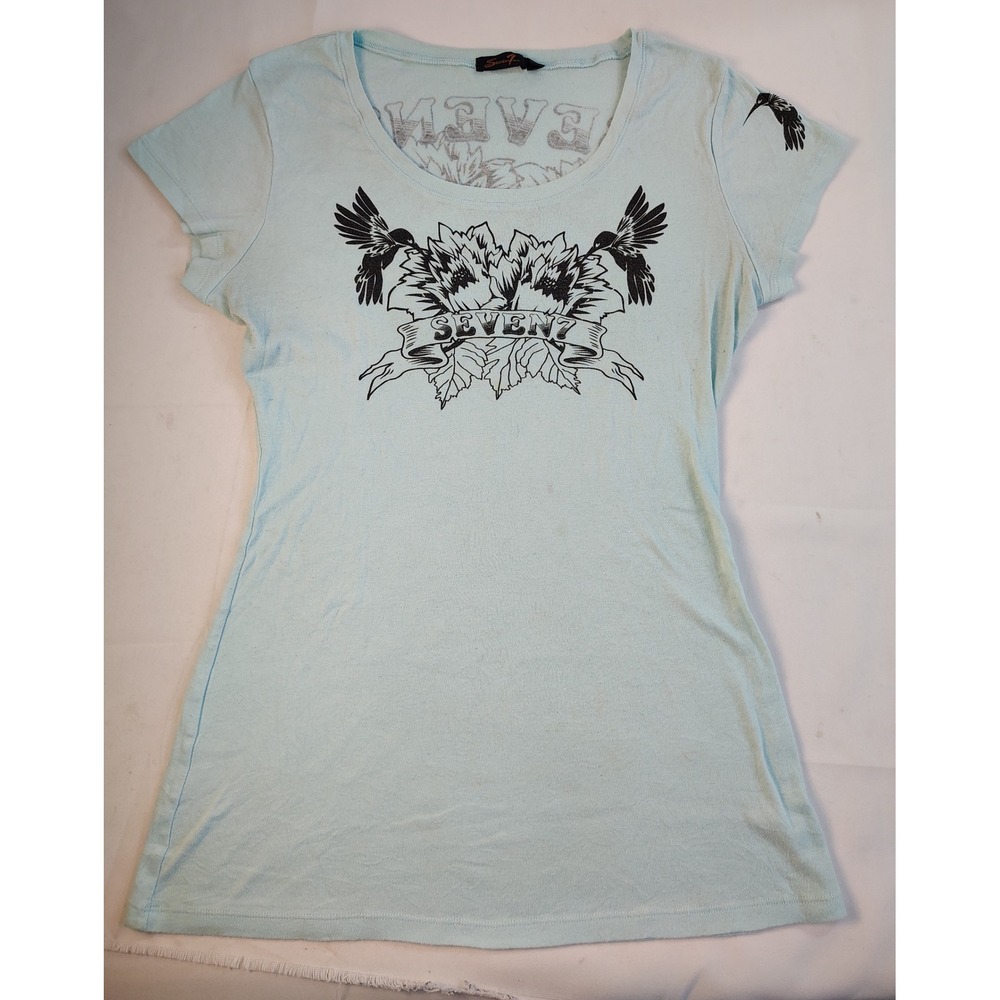 Seven7 Womens T Shirt Light Blue Hummingbird Floral Graphic Slim Fit Tee Size M‎